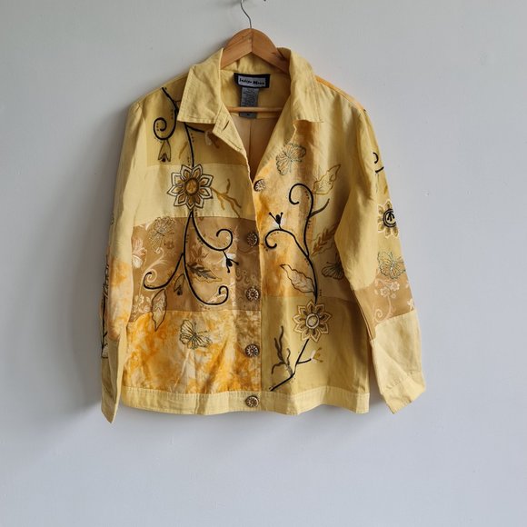 Indigo Moon Jackets & Blazers - Indigo Moon Yellow Embroidered Long Sleeve Jacket Sz M Button Linen/Cotton Blend